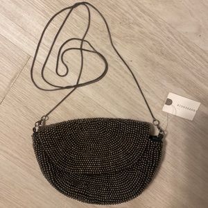 NWT Beaded Anthropologie Clutch, Glam & Edgy, Black w/ Metallic Beads & Chain